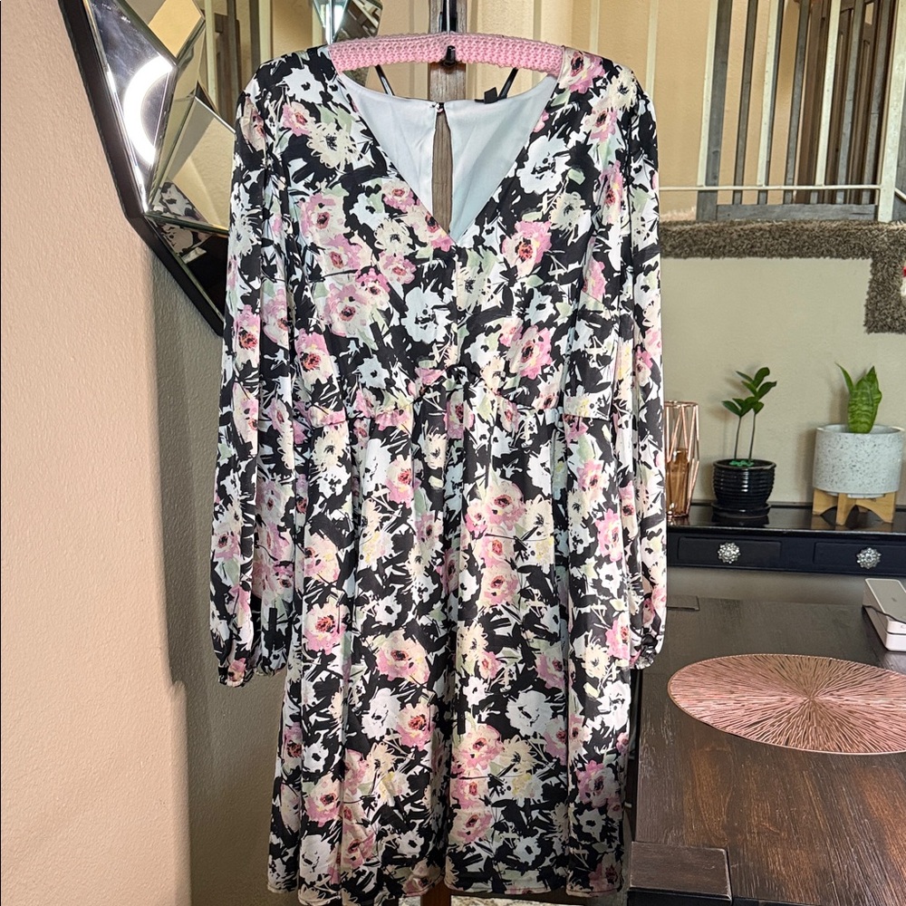 Torrid Floral Long Sleeve Dress with Black and Pink Accents